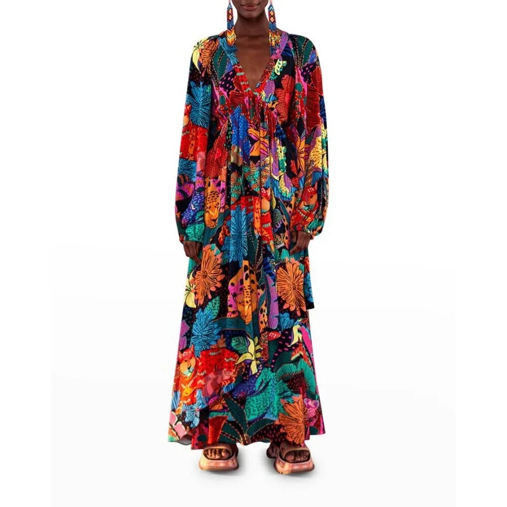 Farm Rio Cool Leopard Maxi Dress in Multicolor Medium Womens Long Gown - Picture 12 of 15